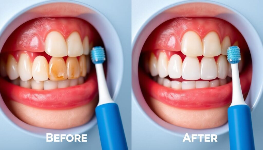 Voor- en na-resultaat van het gebruik van de Oral-B iO 9 tandenborstel Voor- en na-resultaat van het gebruik van de Oral-B iO 9 tandenborstel